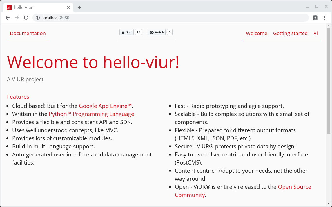 Display of the generated welcome page on http://localhost:8080