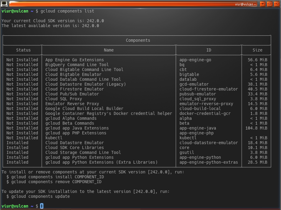 Image showing the output of 'gcloud components list'